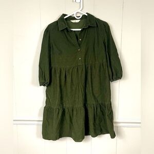 F&F Corduroy Olive Green Tiered Cotton Mini Dress Button Front Size 10